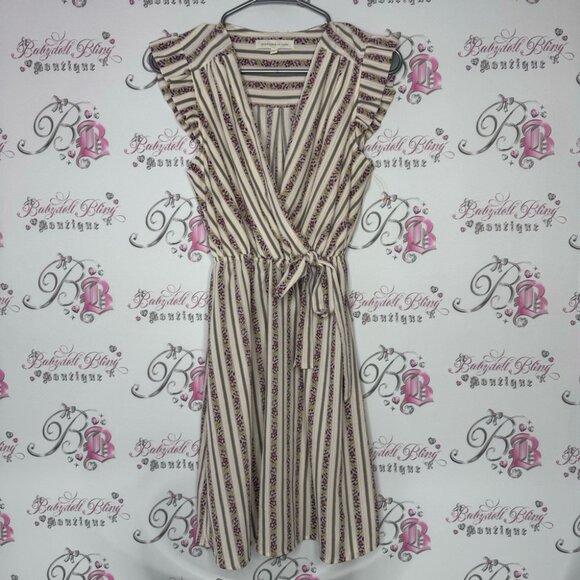 Monteau Los Angeles dress striped floral glitter gold flowers tie up waist belt - Picture 1 of 15